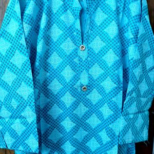 Printed Stitched Cotton Kurta In Light Blue Color