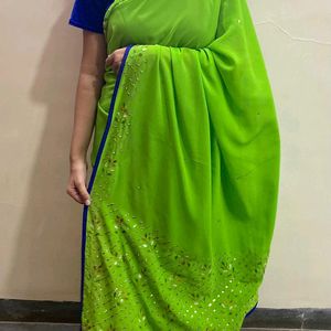 GREEN SAREE WITH BLUE BLOUSE