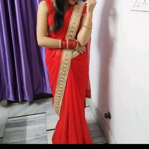 Beautiful Red Saree,without Blouse