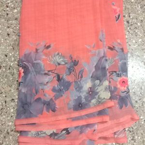 Peach Colour Floral Print Saree With Blouse