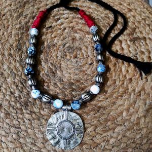 Black & White Agate Necklace With Afghani Pendant