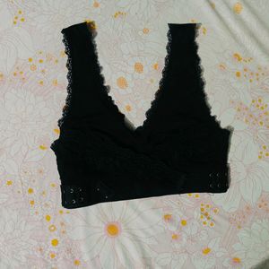 Black Front Cross Adjustable Side Buckle Lace Bra