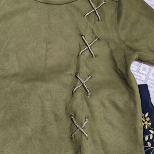 Olive Green Top With Lace Up Design