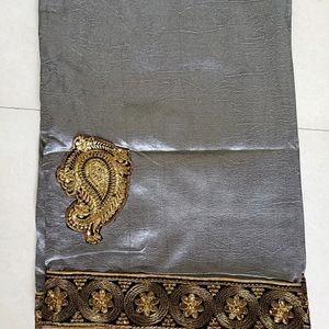 Party Wear Heavy Border Grey Saree