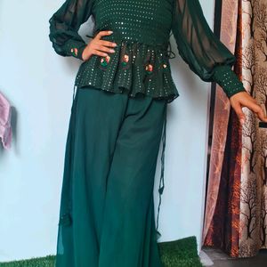 Dark Green Ethnic Plazo Sequins Stylish Top Dress