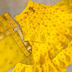 Yellow Net Lehnga For Haldi Ready