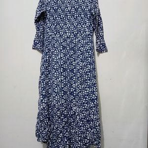 Women Front Button Blue Print Dress