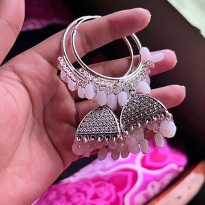 Silver Jhumki With White Beads