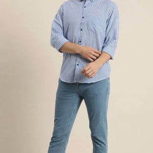 Men Blue and white Gingham Checked  Casual Shirt