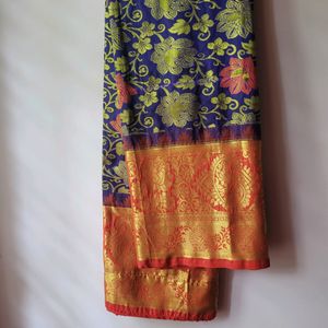 Blue Pattu Saree With Red Border