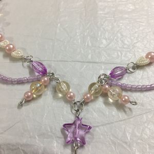 Fairy Purple crystal&Pink Bead Loop Necklace