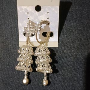 White Stone Step Jhumkis With Loop