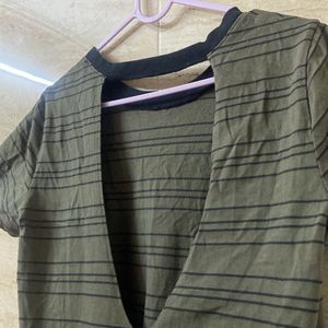 Olive Green Stripped Backless Shirt Dress