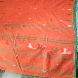 Soft Cotton Orange Thread Work Saree with फॉल