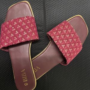 Biba Maroon Embellished Open Toe Flats