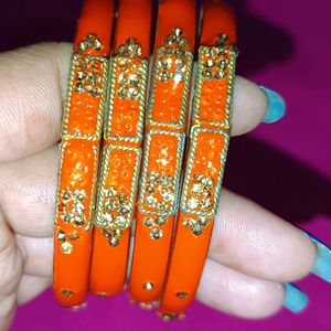 Beautiful Set Of 4 Orange Color Stone Work Kangan