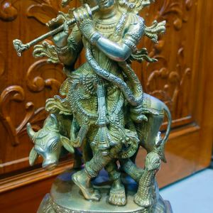 Brass Shree Krishna Idol With Cow