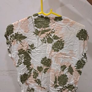 White TShirt Top With Cream And Olive Prints