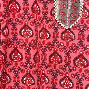 Red Floral Cotton Kurta For Women