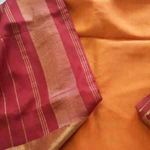 Pure Chanderi Silk Saree In Mustard And Maroon