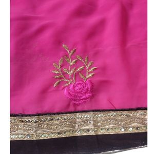 Heavy Embroidery Pink Saree With Velvet Border
