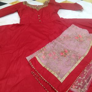 RED ANARKALI FLARED GOWN WITH EMBROIDERED DOPATTA