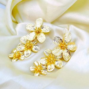 Triple Flower Drop Gold Dangle Earring