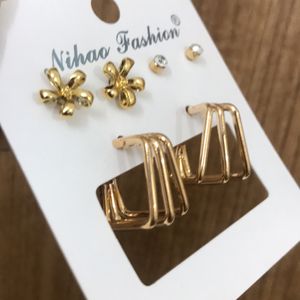 Set Of 3 Gold Stud Earrings For Women