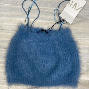 cute furry blue crop top zara