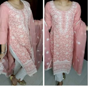 Women Net Thread Embroidered Pink Suit Set