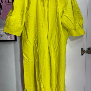 Neon Yellow Ankel Length Dress With Puff Sleeves