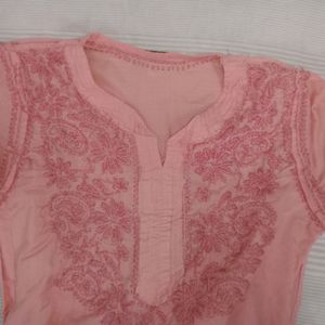 Chikankari Embroidery Peach Kurti