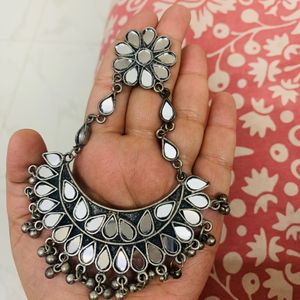 Silver Mirror Work Earrings From Myntra