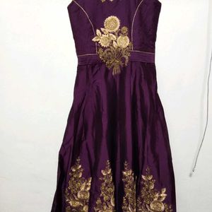 Elegant Purple Gown with Golden Floral Embroidery