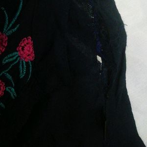 Blue Cotton Embroidered Flared Kurta