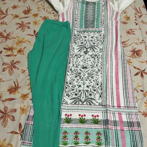 White Kurta With Floral Print & Sea Green Legging