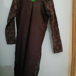 Cotton Silk Kurta With Ajrakh Sleeves