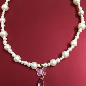 Pearl Bead W Butterfly&Teardrop Pendant Necklace