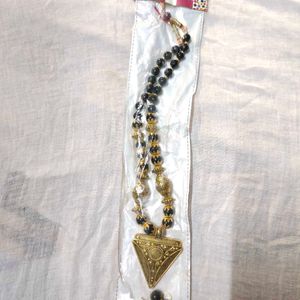 Black And Golden Beaded Necklace With Earings