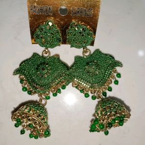 Traditional Ethnic Long Green Earrings