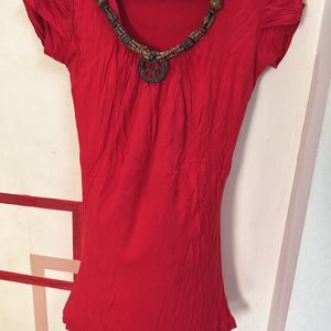 Red Designer Neck Top