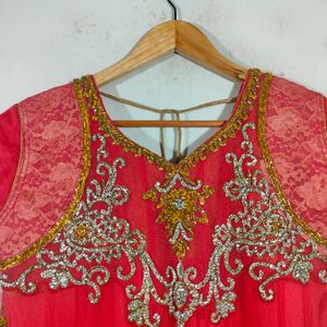 Corel Red With Gold Anarkali (Women's)