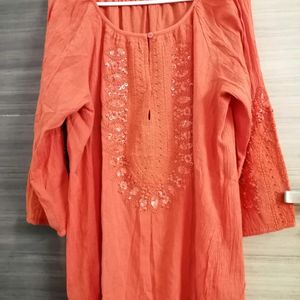 Orange Embroidered Short Kurta