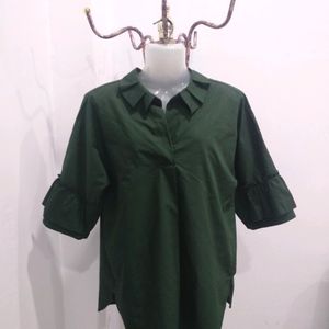 Dark Green Bell Sleeves Designed Collar Top