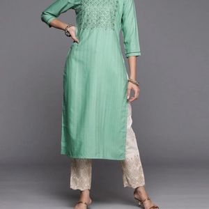 Libas Green Embroidered Silk kurta