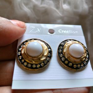 White Pearl With Black And Golden Earrings