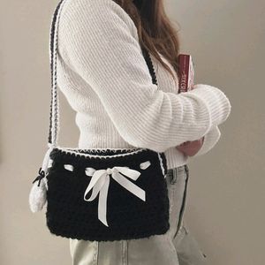 Crochet  Black & White Ribbon Sling Bag