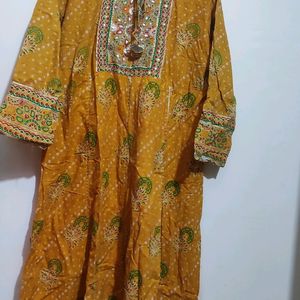 Musturd Anarkali Long Kurti Floral Print 42 Bust