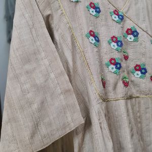 Beige Raw Silk Kurta with flowers strawberries