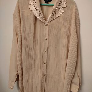 Beige Korean Shirt Embroidered Colar